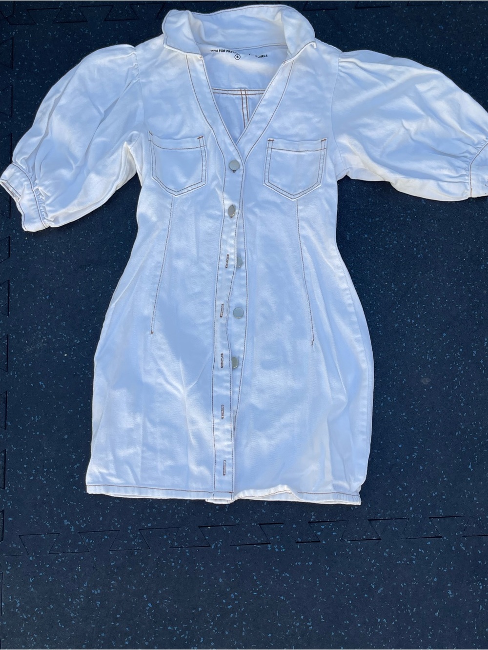 White Button-Front Puff Sleeve Mini Dress